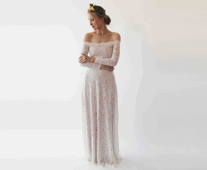 Ivory Blush Off Shoulder Scalloped Neckline Lace Wedding Dress with Long Sleeves