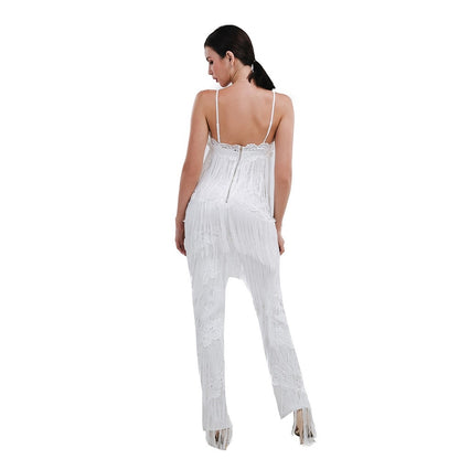 Women's White Tassel Loose Fit Flared Jumpsuit