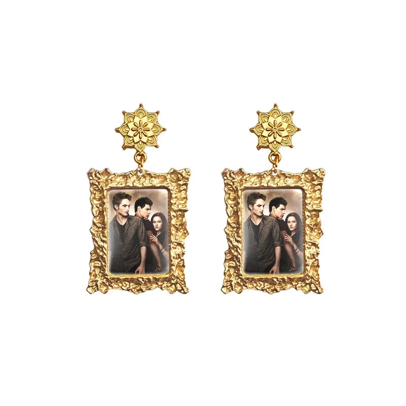 Twilight Movie Vintage Gold Framed Miniature Portrait Drop Earrings - Lovez Aqua© - bella swan, edward cullen, jacob black, robert pattinson