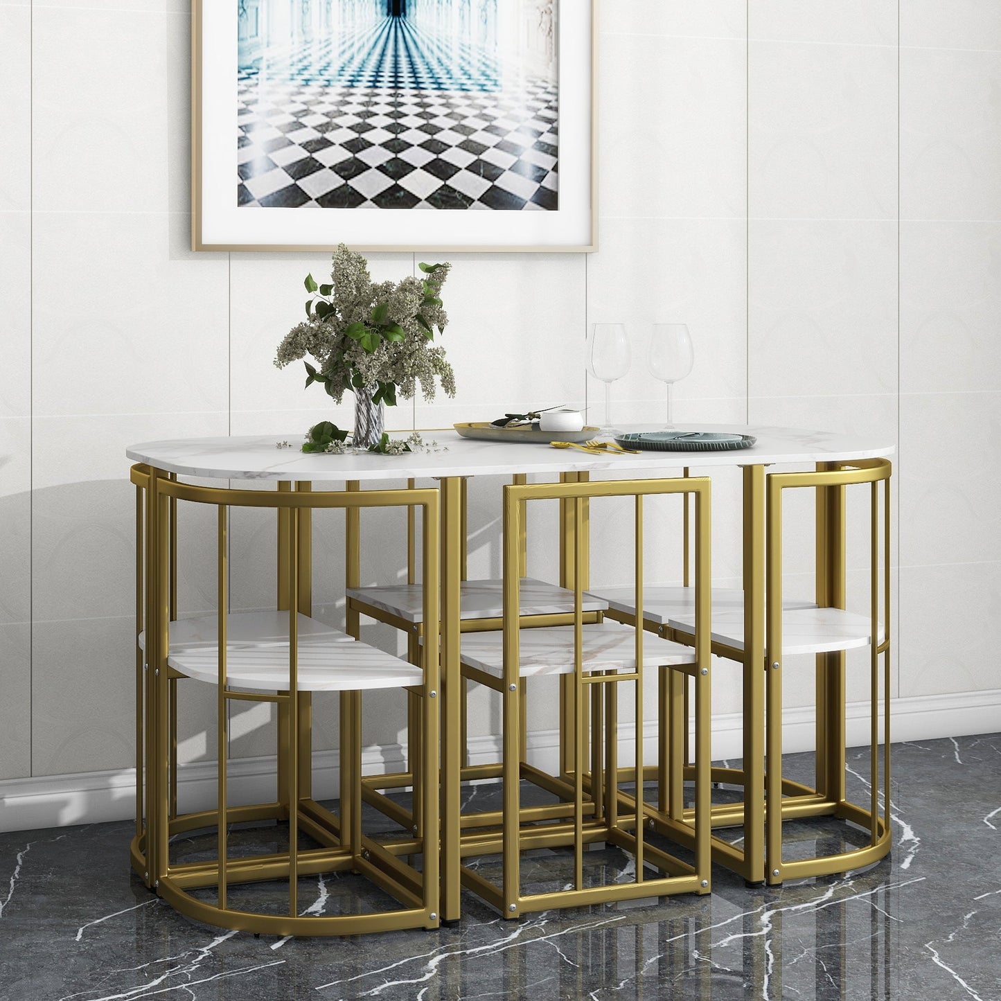 Modern 7-Piece Faux White Marble & Gold Compact Table & Chair Dining Set - 80d3e6-0e.myshopify.com - -  