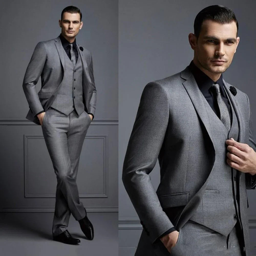 Men's Smart Casual 3 Piece Gray Cotton Suit Set Jacket & Pants - Lovez Aqua© - 