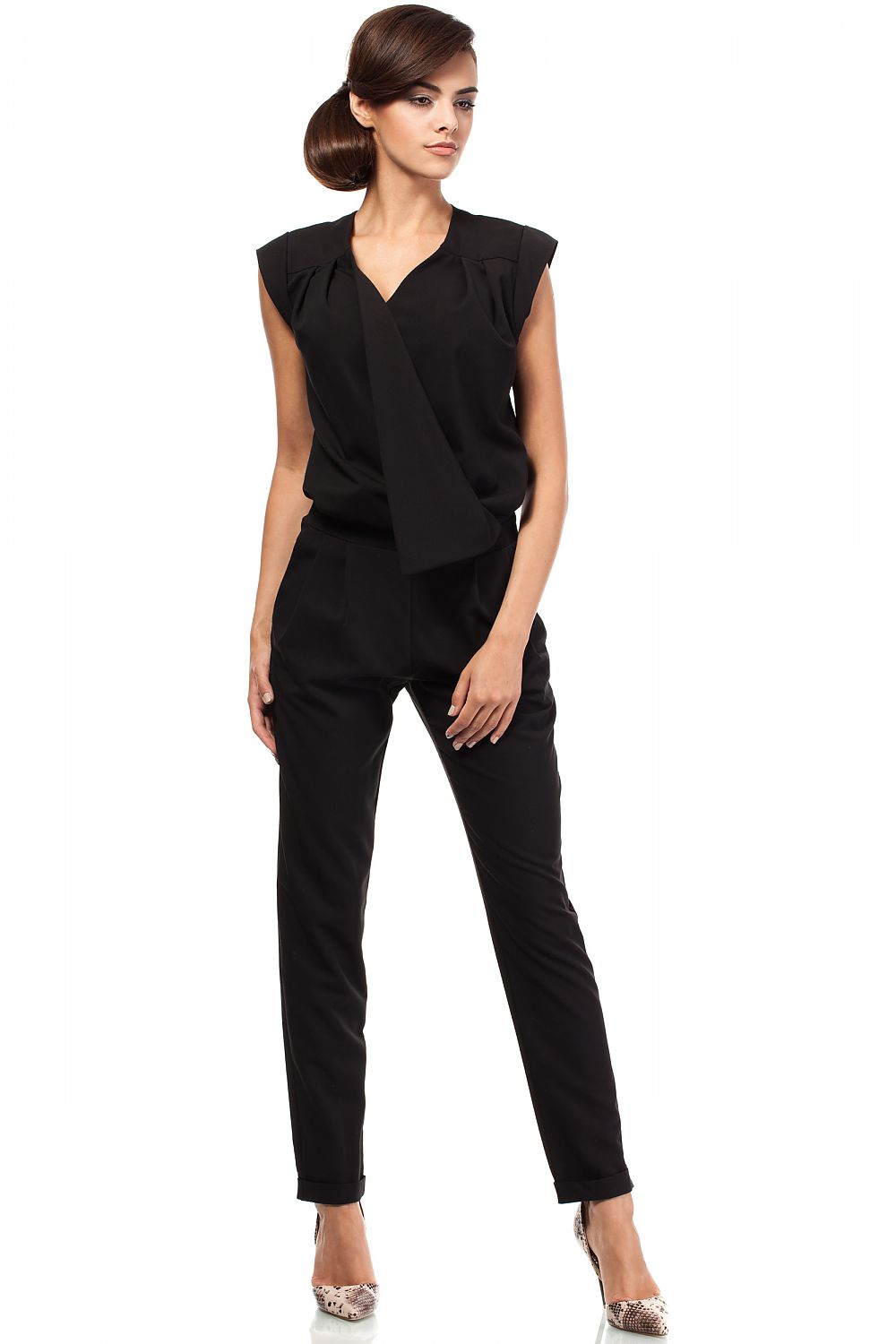 Women's Black Jumpsuit with Draped Neckline & Tapered Legs