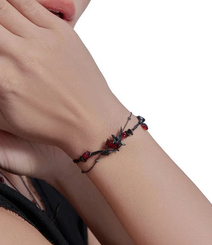 Rustic Gothic Black Raven & Red Garnet Beaded Crystal Women's Bracelet - Lovez Aqua© - 