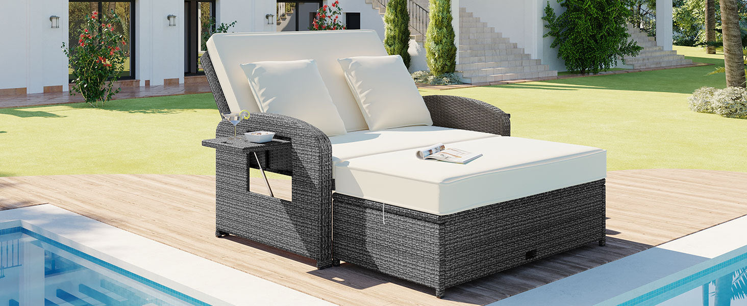 Outdoor PE Wicker Rattan Two Seater Reclining Lounge Daybed with Adjustable Back - 80d3e6-0e.myshopify.com - -  