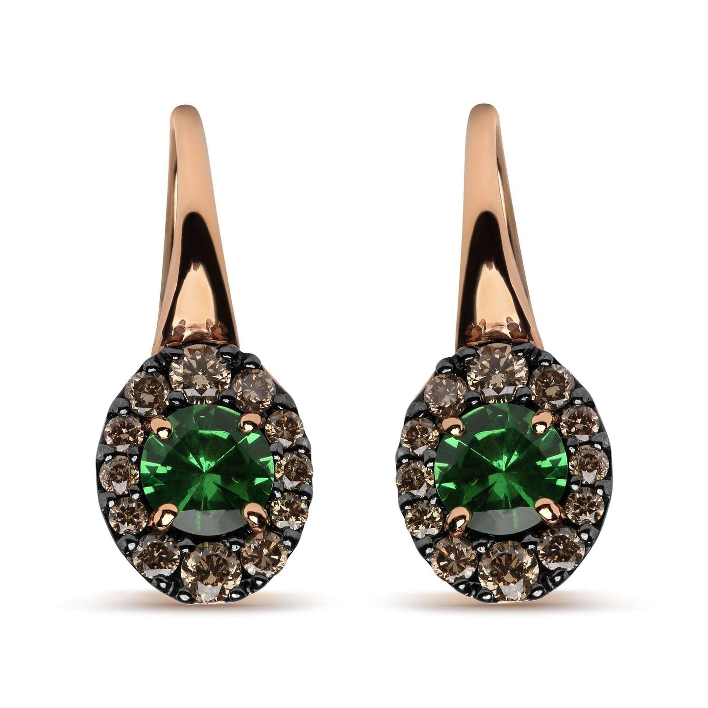 18K Rose & White Gold Round Brown Diamonds & Green Tsavorite Halo Drop Earrings