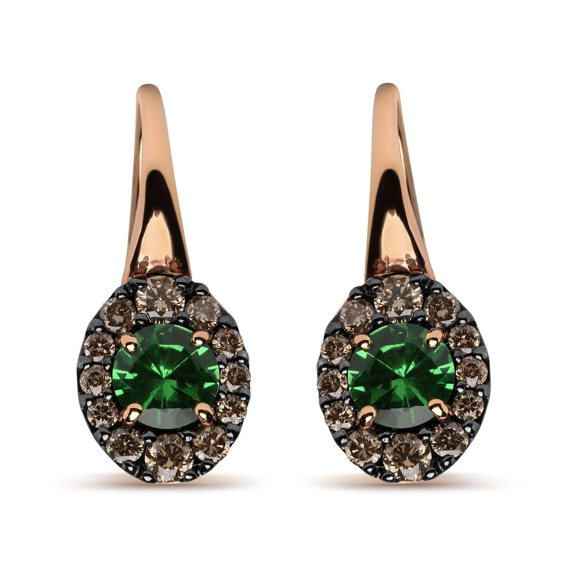 18K Rose & White Gold Round Brown Diamonds & Green Tsavorite Halo Drop Earrings