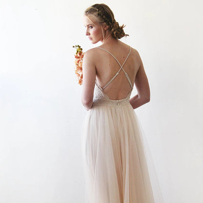 Champagne Lace Floor-Length Backless Wedding Dress with V-Neck & Spaghetti Strap