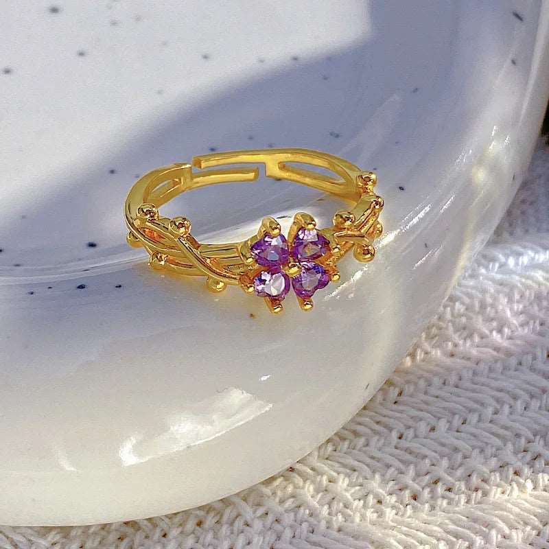 Elegant Gold Plated Ring with Marquise-Cut Amethyst Flower & Twisted Band - Lovez Aqua© - 