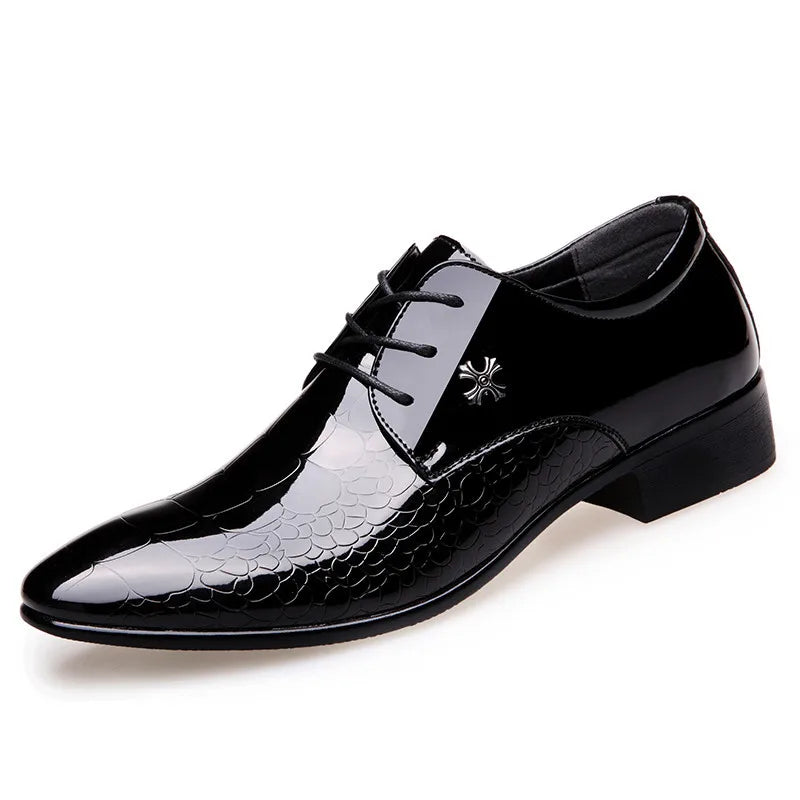 Men's Black Faux Leather Shiny Italian Crocodile Embossed Oxford Dress Shoes - Lovez Aqua© - 