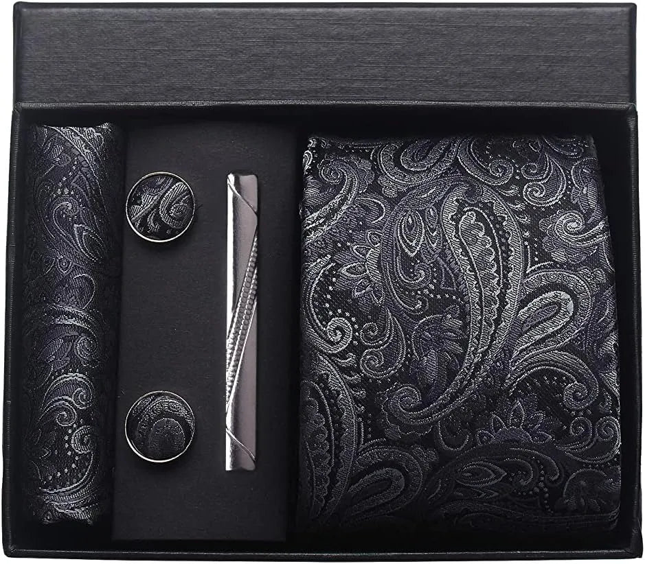 Men's Luxury Silk Paisley Floral Necktie, Pocket Square, Clip & Cufflinks Set - Lovez Aqua© - 