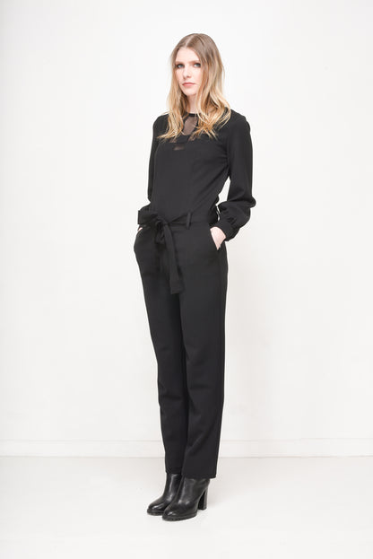 Women's Black Long-Sleeve Jumpsuit with Mesh Panels & Tie-Waist Detail