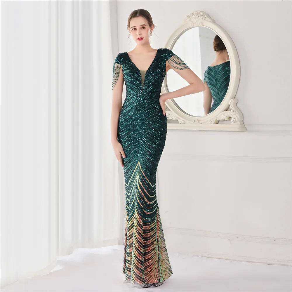 Women's Sequined Mermaid Evening Dress With Fringe Cap Sleeves - 80d3e6-0e.myshopify.com - Emerald Green / 2 -  Emerald Green