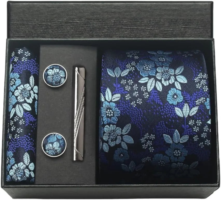 Men's Luxury Silk Paisley Floral Necktie, Pocket Square, Clip & Cufflinks Set - Lovez Aqua© - 