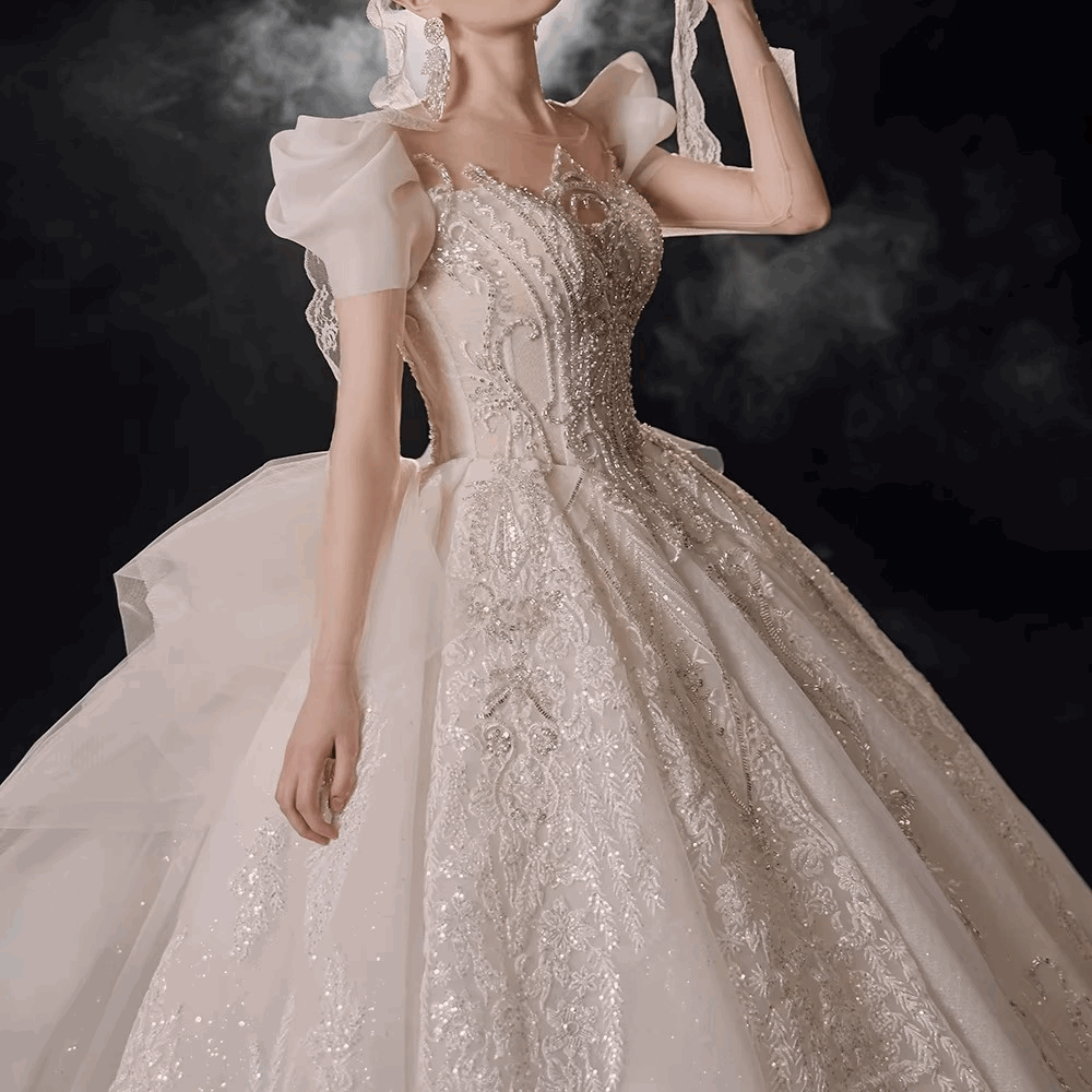 Champagne Silk Embroidered Princess Wedding Gown with Cap Sleeves & Chapel Train - 80d3e6-0e.myshopify.com - -  