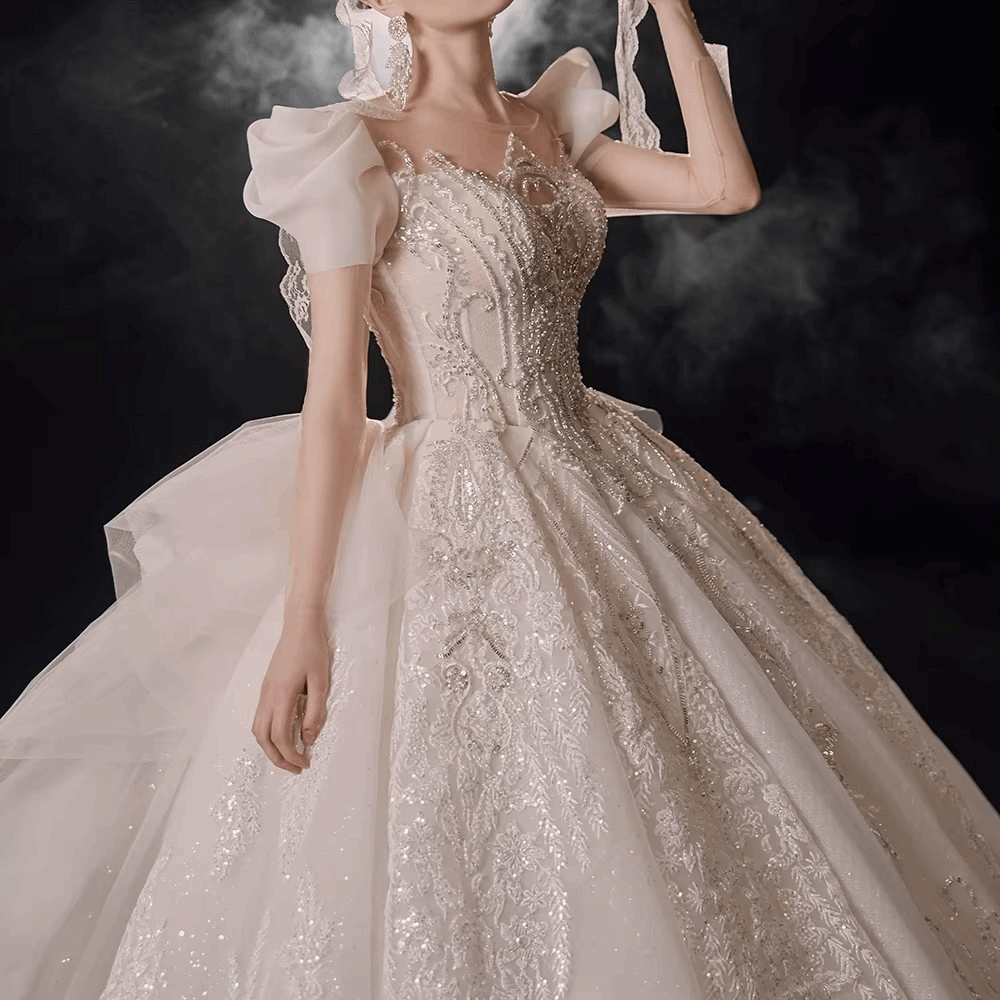 Champagne Silk Embroidered Princess Wedding Gown with Cap Sleeves & Chapel Train