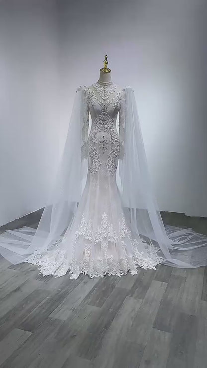 Vintage White Lace Mermaid High Neck Wedding Gown with Detailed Embroidery