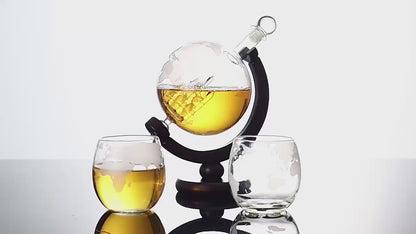 Luxury Globe Whiskey Decanter Set with Carafe Exquisite Wood Stand & Glasses