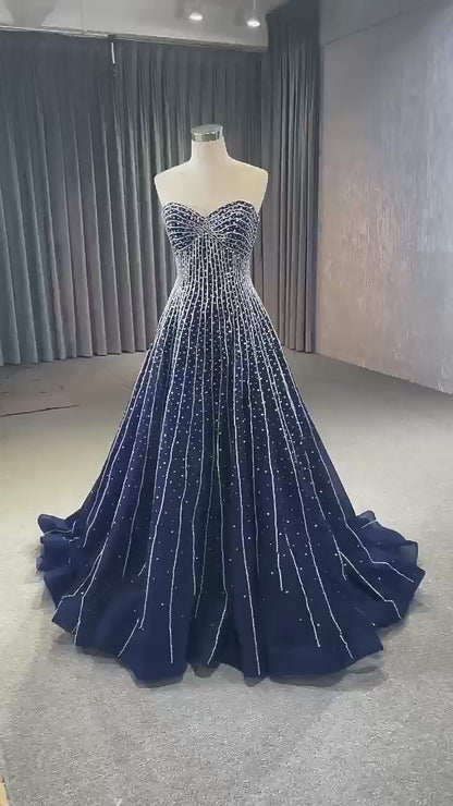 Feyre Archeron ACOTAR Dark Blue A-Line Rhinestone Beaded Evening Gown