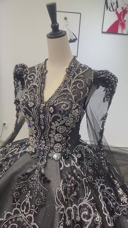 Regal Black Filigree Gothic Vintage Wedding Gown with V-Neck & Silver Embroidery