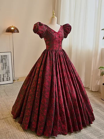 Women's Burgundy & Black Satin A-Line Short Puff Sleeves Vintage Evening Gown