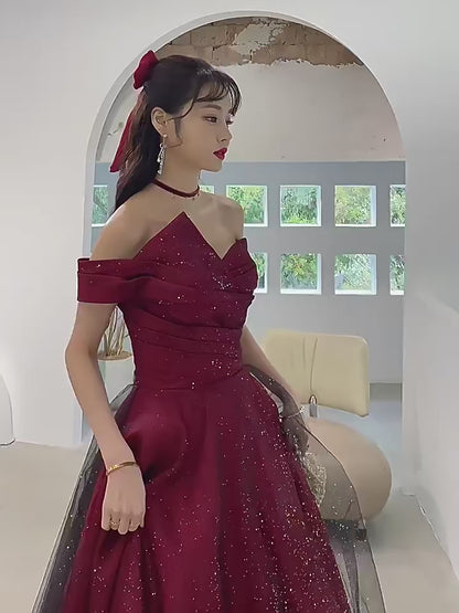 Elegant Crimson & Black Glitter Boat Neck Satin A-Line Evening Gown