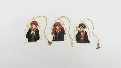 Harry Potter Anime Figures Gold Framed Bookmarks with Tassel Charms