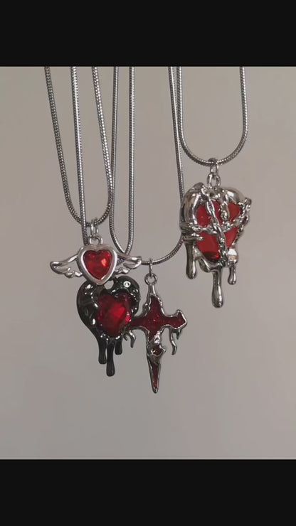 Vintage Gothic Red Love Heart Cross Pendant Snake Chain Necklace