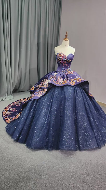 Navy Glitter Off-Shoulder Evening Gown with Floral Applique Purple Satin Corset