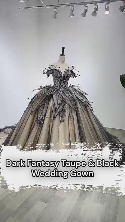 Dark Fantasy Taupe & Black Glitter Wedding Gown with Gothic Flower & Feathers